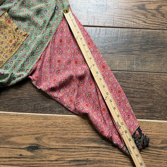 We Be Bop Rayon Button Down Blouse Boho Patchwork Print Long Sleeve Shirt - Picture 8 of 9